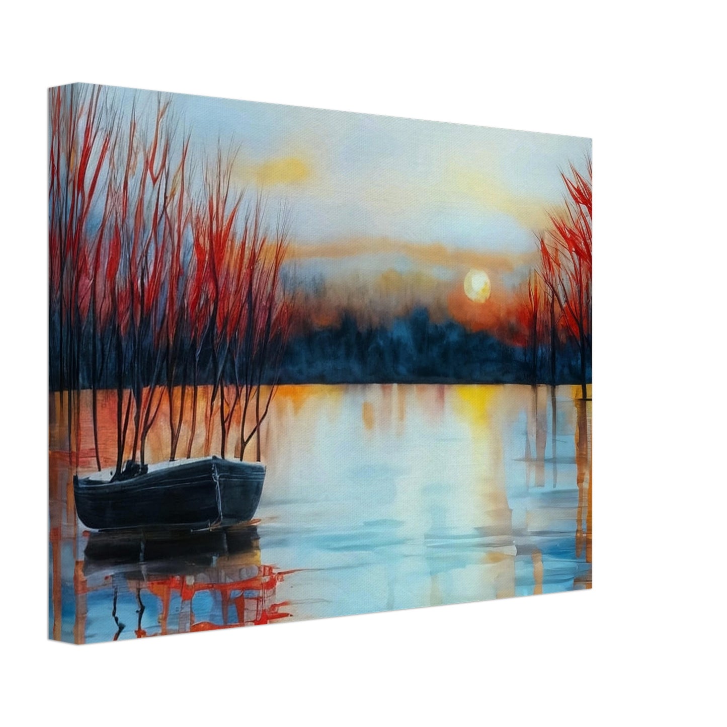 A tranquil lake at sunset with a small boat anchored near bare trees, reflecting the warm hues of the setting sun.