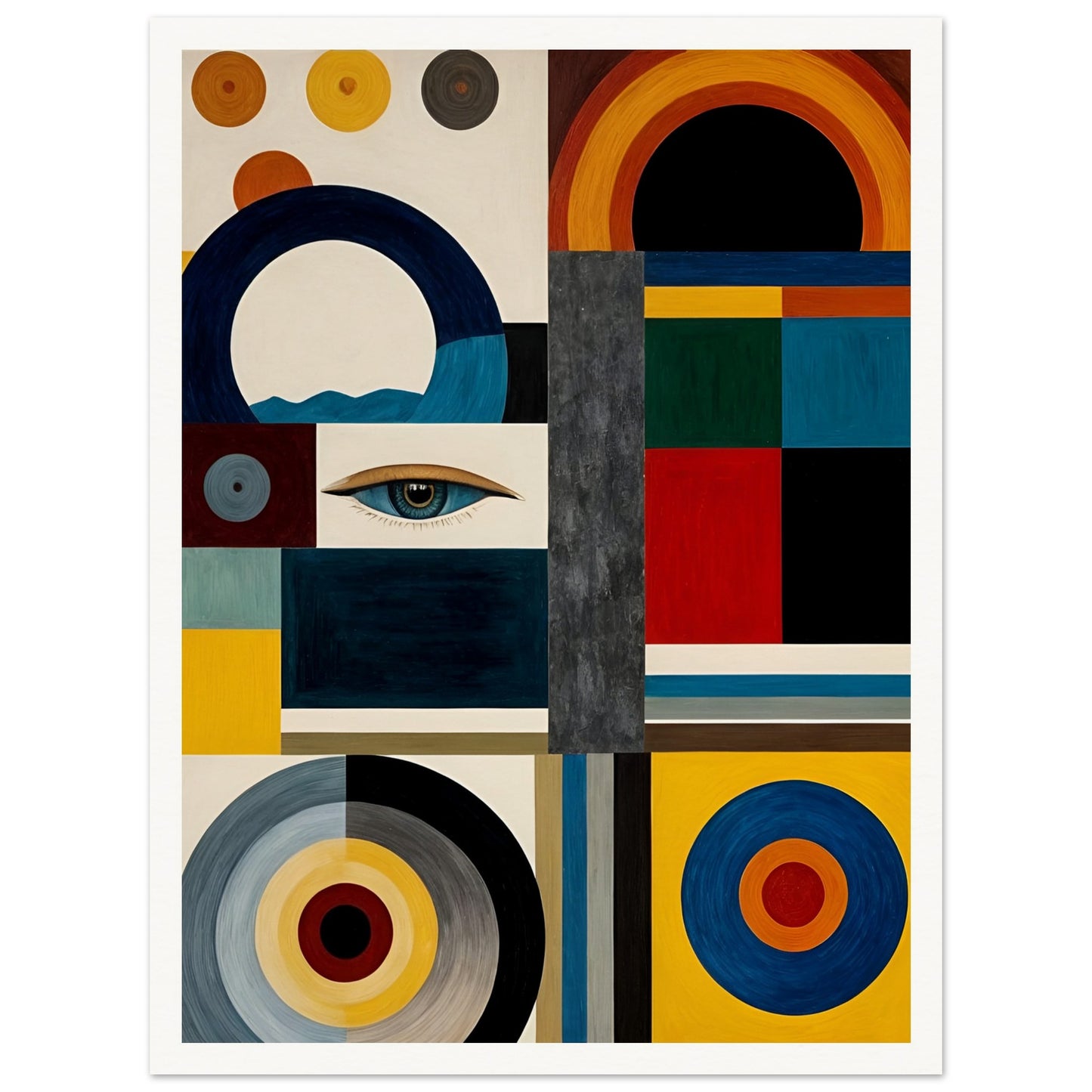 A bold geometric painting featuring an eye, circular and rectangular patterns, and a mix of deep blues, reds, yellows, and neutral tones.
