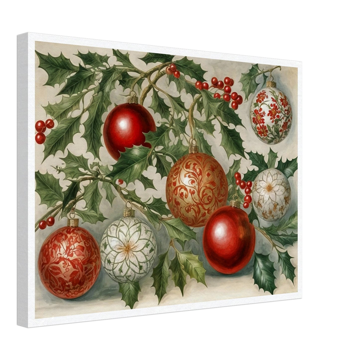 A festive display of red and gold Christmas ornaments hanging from holly branches, adorned with intricate floral and scroll patterns, evoking holiday elegance and warmth.