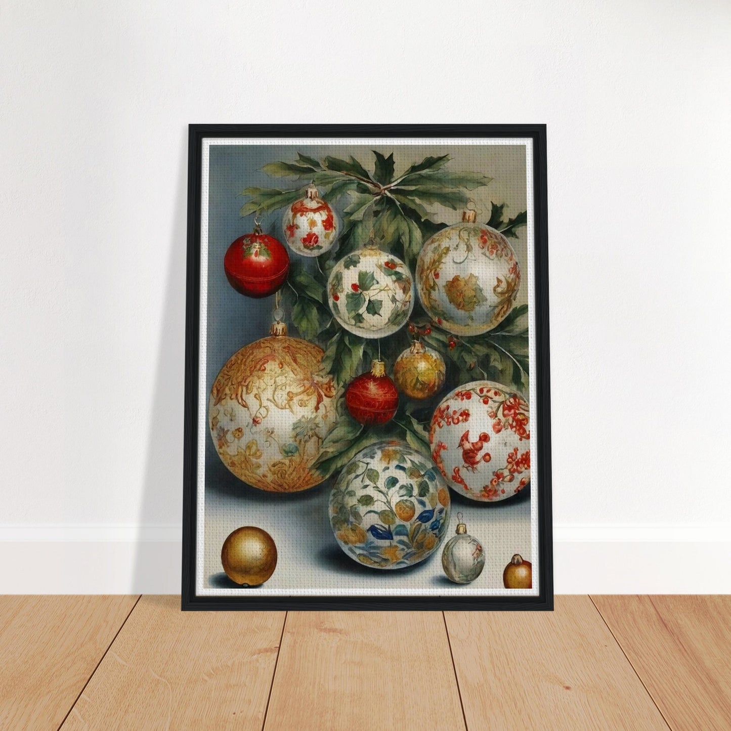 A collection of intricately designed Christmas ornaments in red, gold, and white, adorned with holly and floral patterns, hanging from green branches in an elegant holiday display.