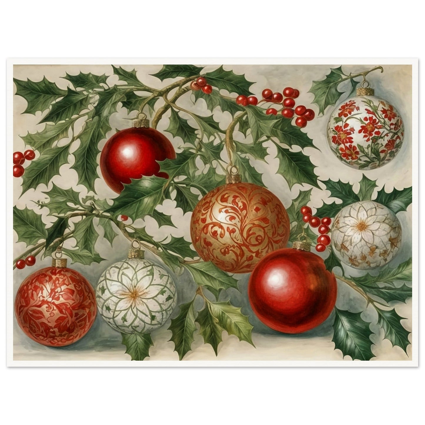 A festive display of red and gold Christmas ornaments hanging from holly branches, adorned with intricate floral and scroll patterns, evoking holiday elegance and warmth.