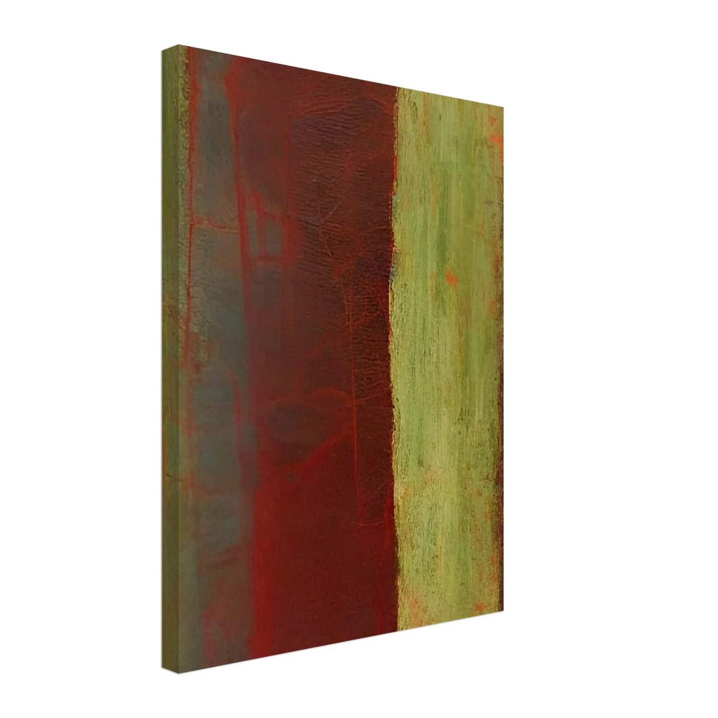 An abstract composition featuring deep red and earthy green vertical stripes with soft textures and layered shades, evoking a sense of natural decay and organic forms.