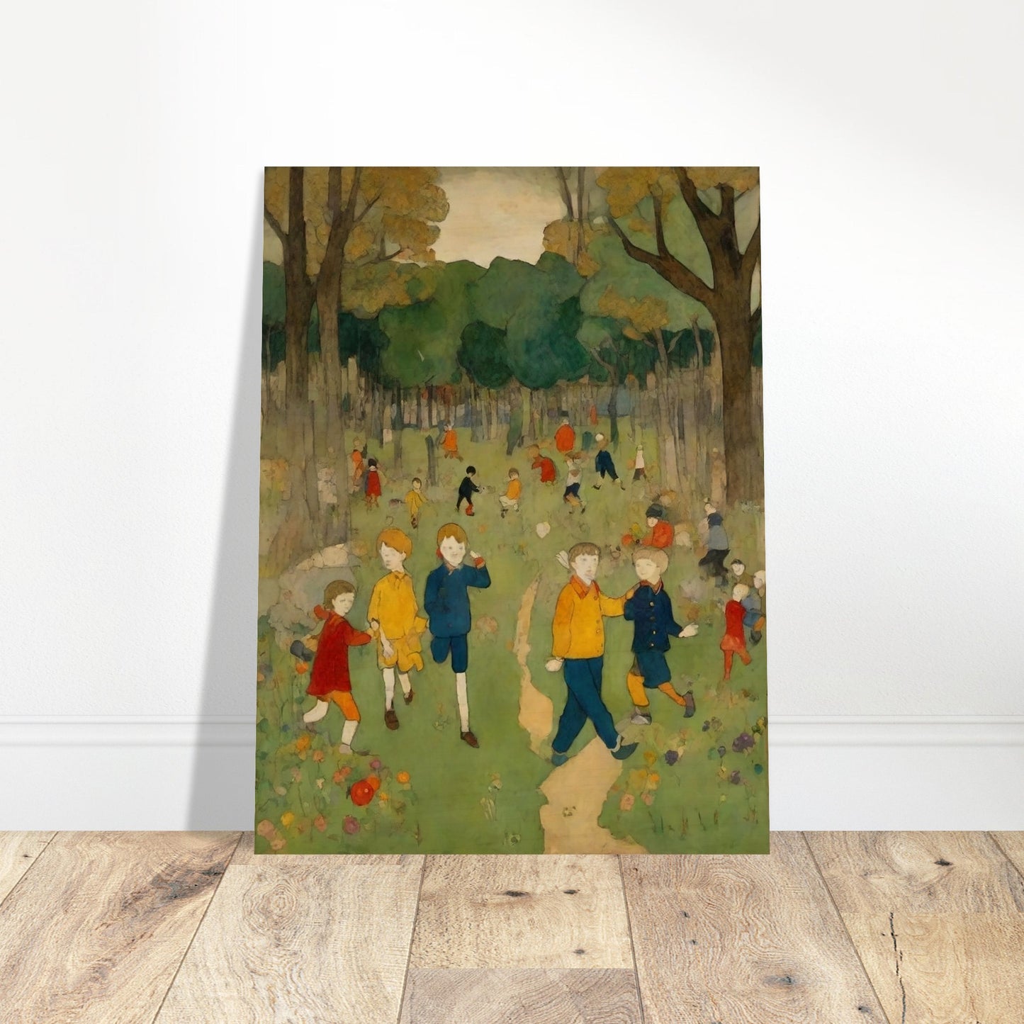 "A nostalgic painting of children playing and exploring in a bright green forest clearing, surrounded by tall trees and colorful wildflowers."