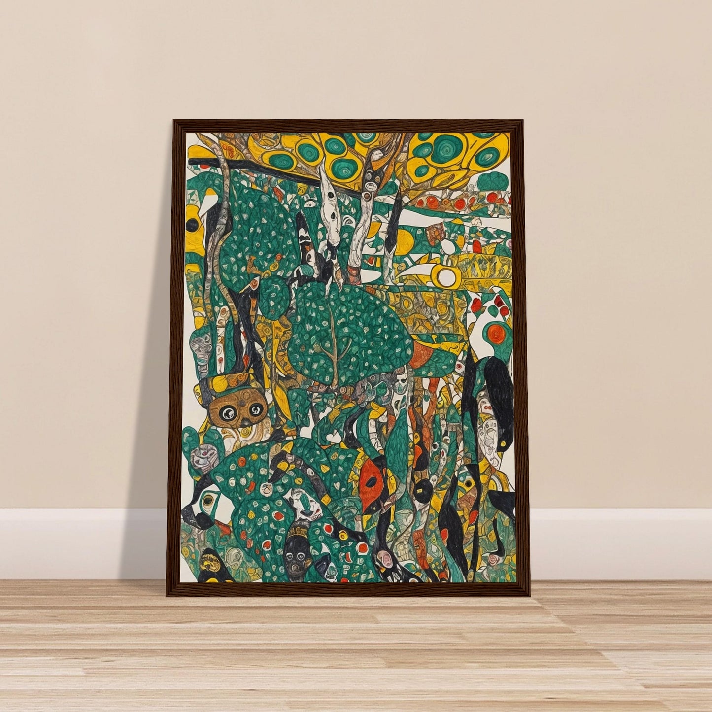 An intricate and colorful painting depicting a whimsical jungle scene with abstract shapes and vibrant green, yellow, and orange hues.