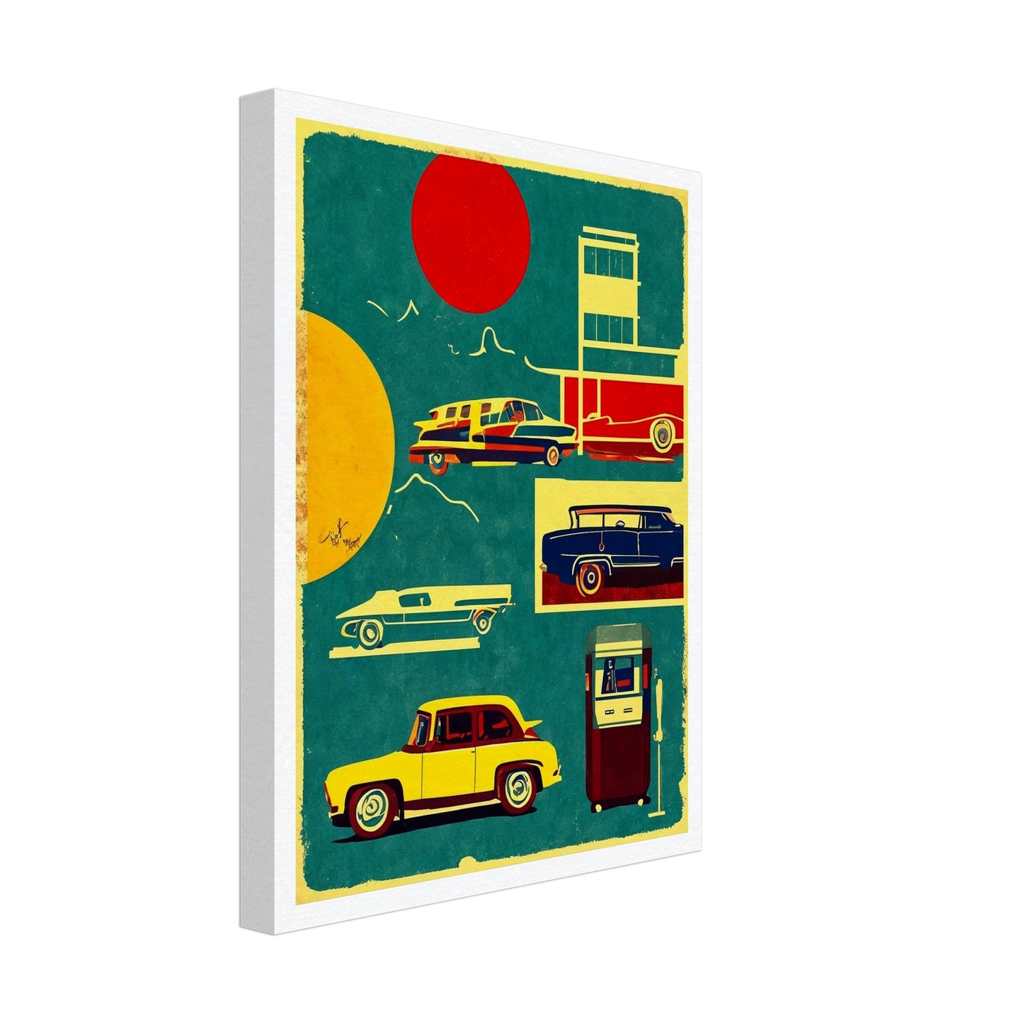 A vibrant artwork featuring classic vintage cars and a retro gas pump in bold colors, set against a backdrop of red and yellow suns.