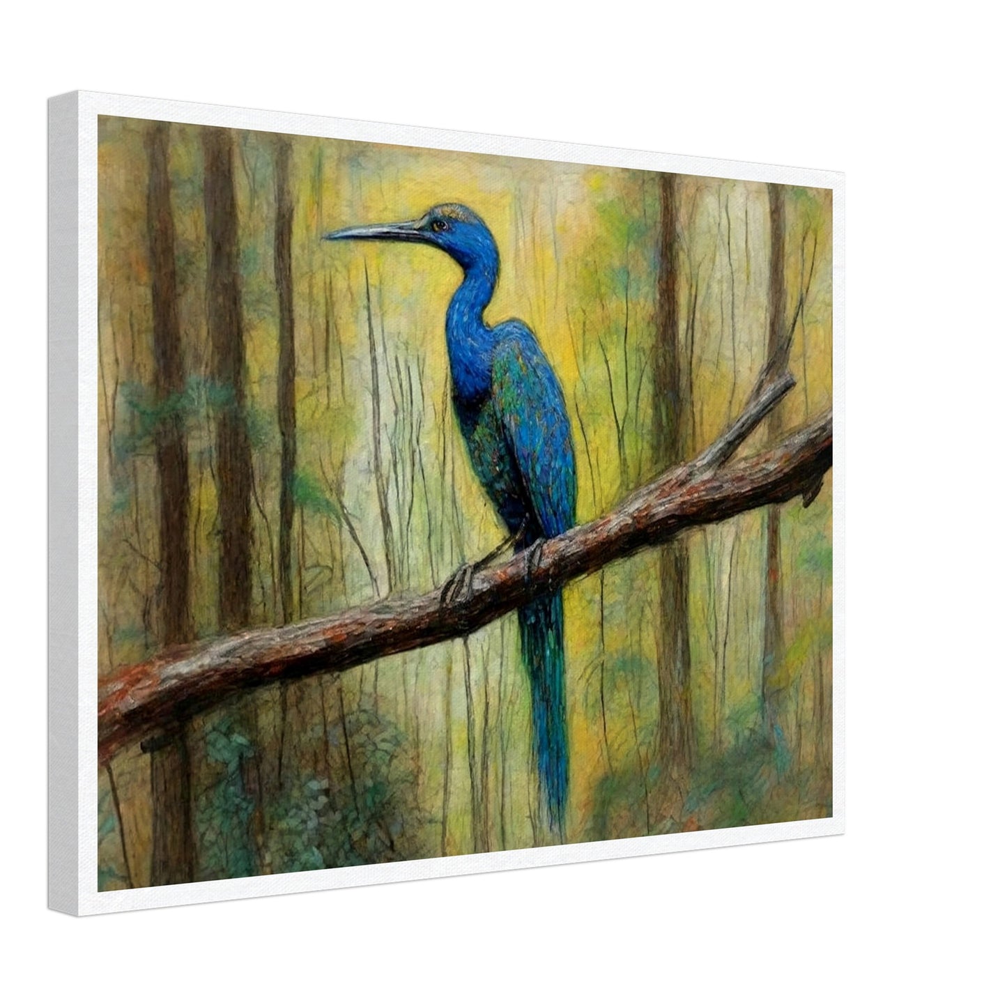 "A detailed painting of a vibrant blue bird perched on a tree branch in a forest, surrounded by soft, natural light filtering through the trees."