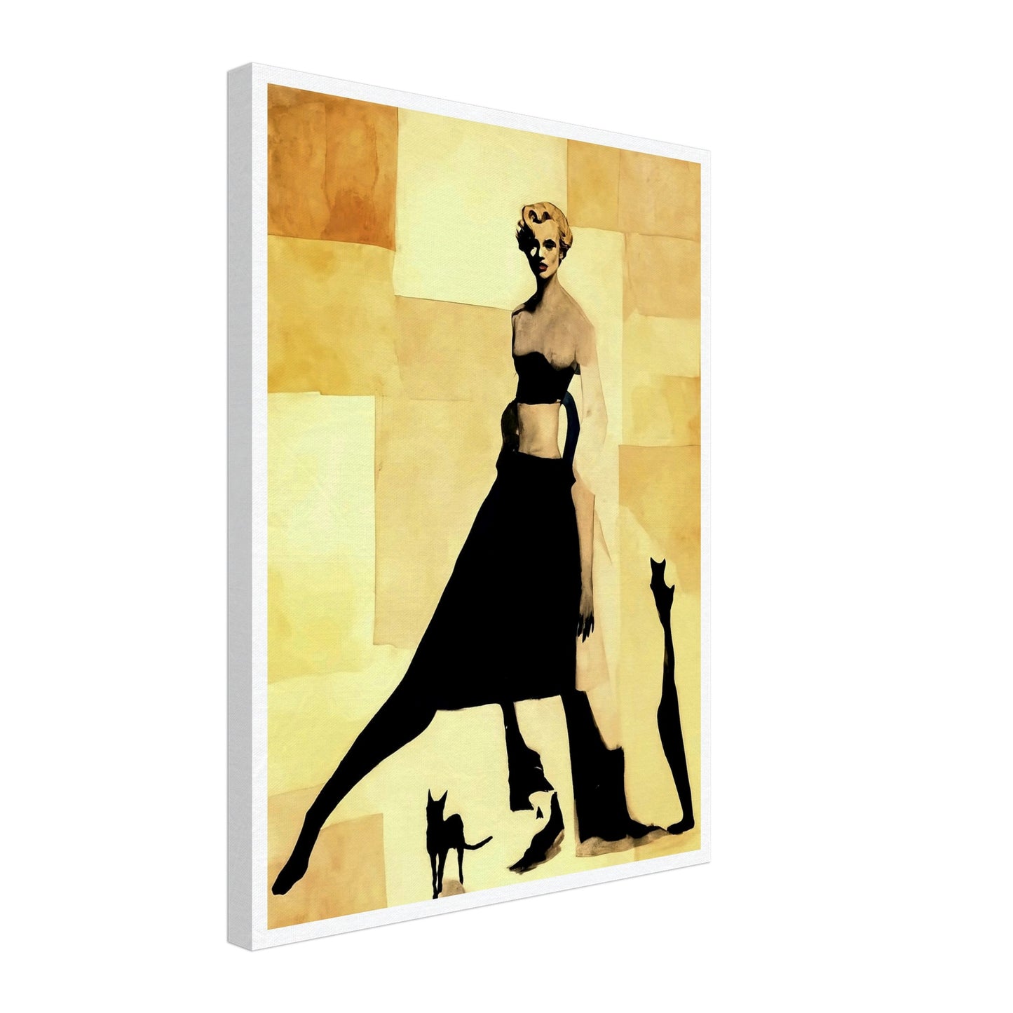 "An abstract, minimalist painting of a stylish woman in black silhouette, accompanied by shadowy figures of two cats against a beige background."