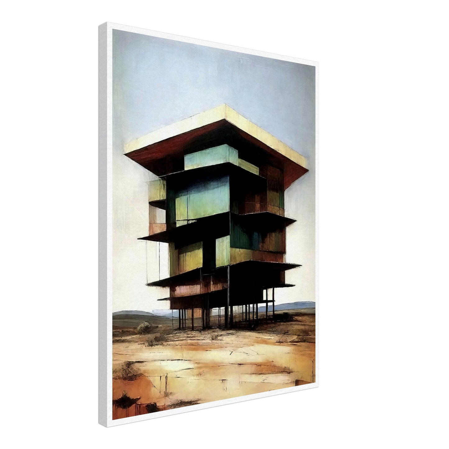 A modern, multi-level building standing on tall stilts in a desolate desert landscape, with earthy tones and a minimal sky.