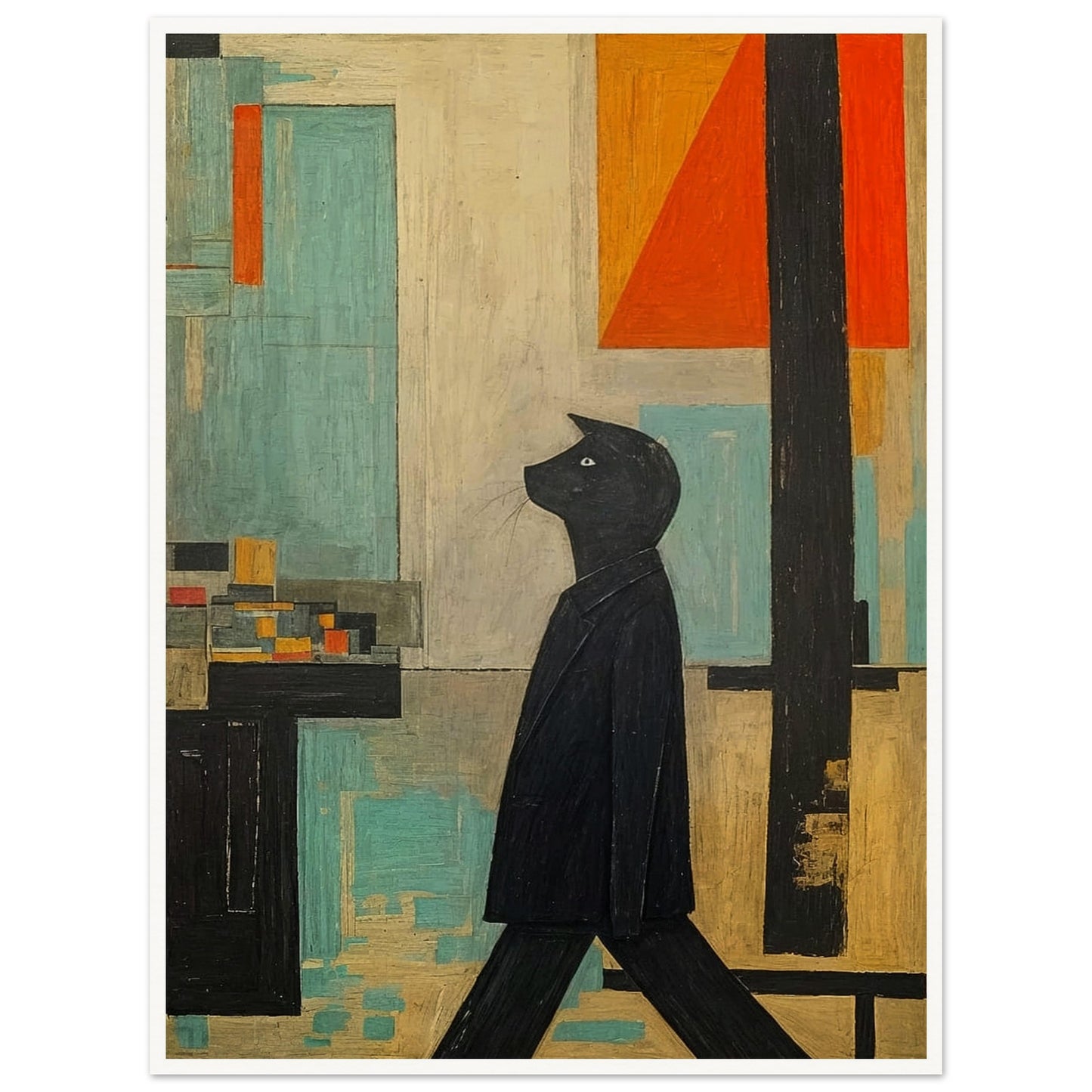 A stylized painting of a black cat walking upright, set against a geometric backdrop with muted tones of blue, orange, and beige.