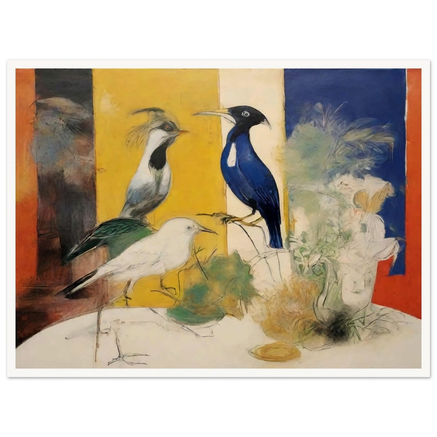 "A striking composition featuring three birds in front of bold color panels, with delicate sketches of plants and flowers surrounding them."