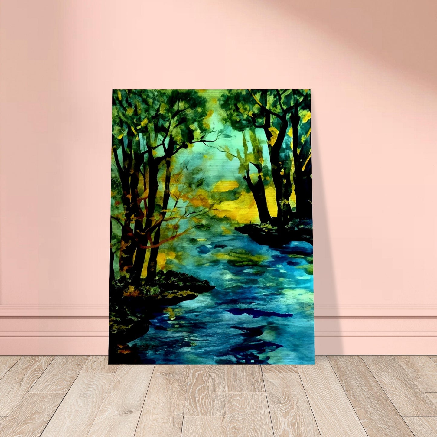 A vibrant landscape painting of a river flowing through a forest, with trees reflecting in the water and a warm glow of sunlight in the background, evoking tranquility and nature's beauty.