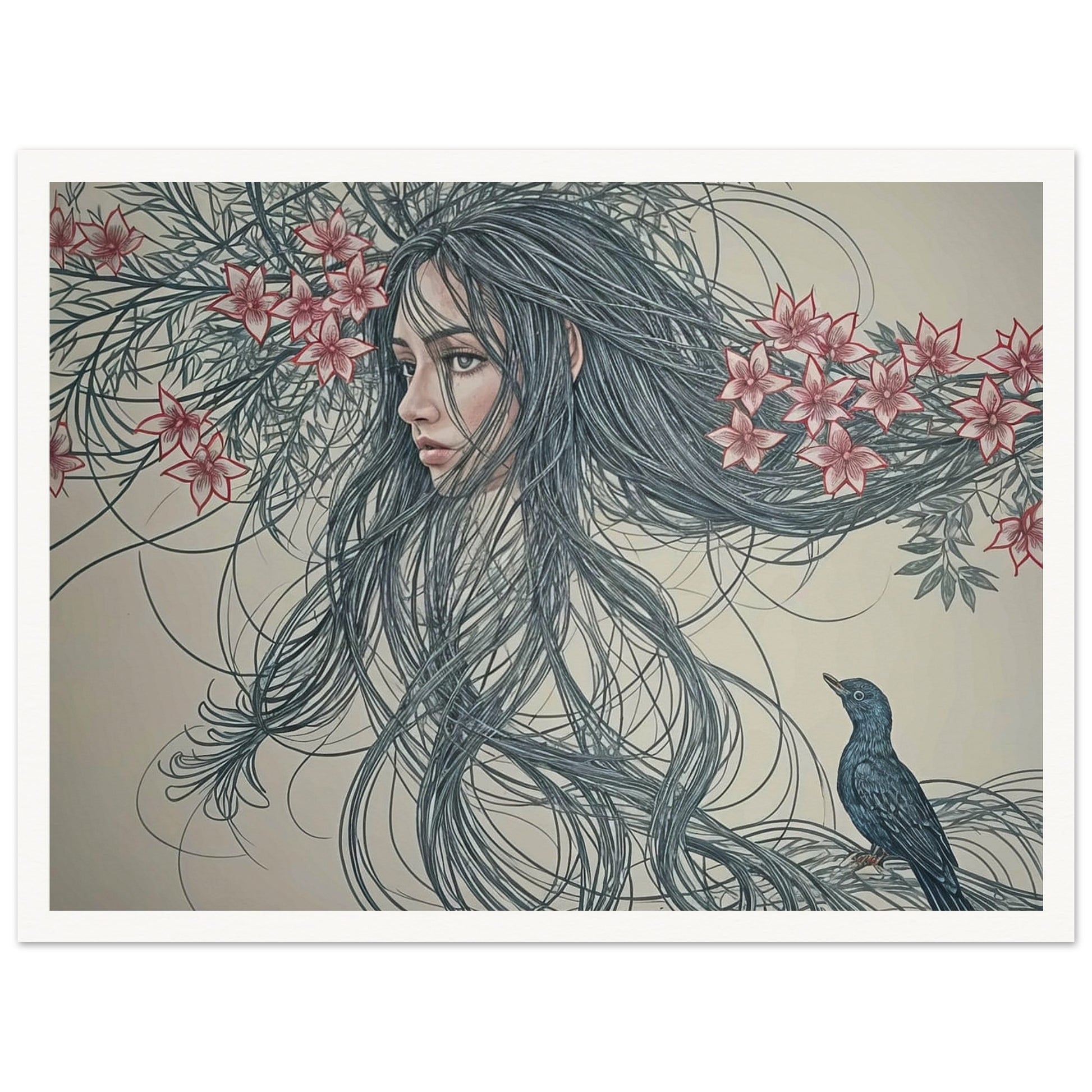 A surreal painting depicting a woman's face intertwined with long flowing hair and flowers, accompanied by a small bird.
