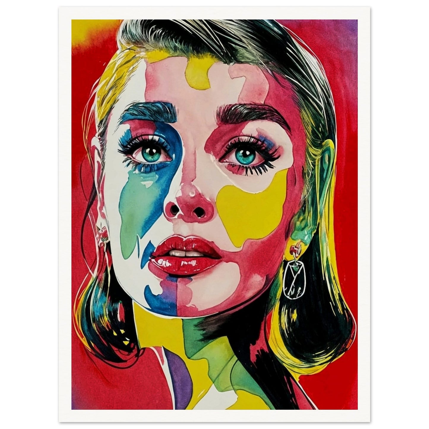 A striking portrait of a woman with vivid colors painted across her face, featuring bold reds, blues, yellows, and greens, with intense, captivating eyes.