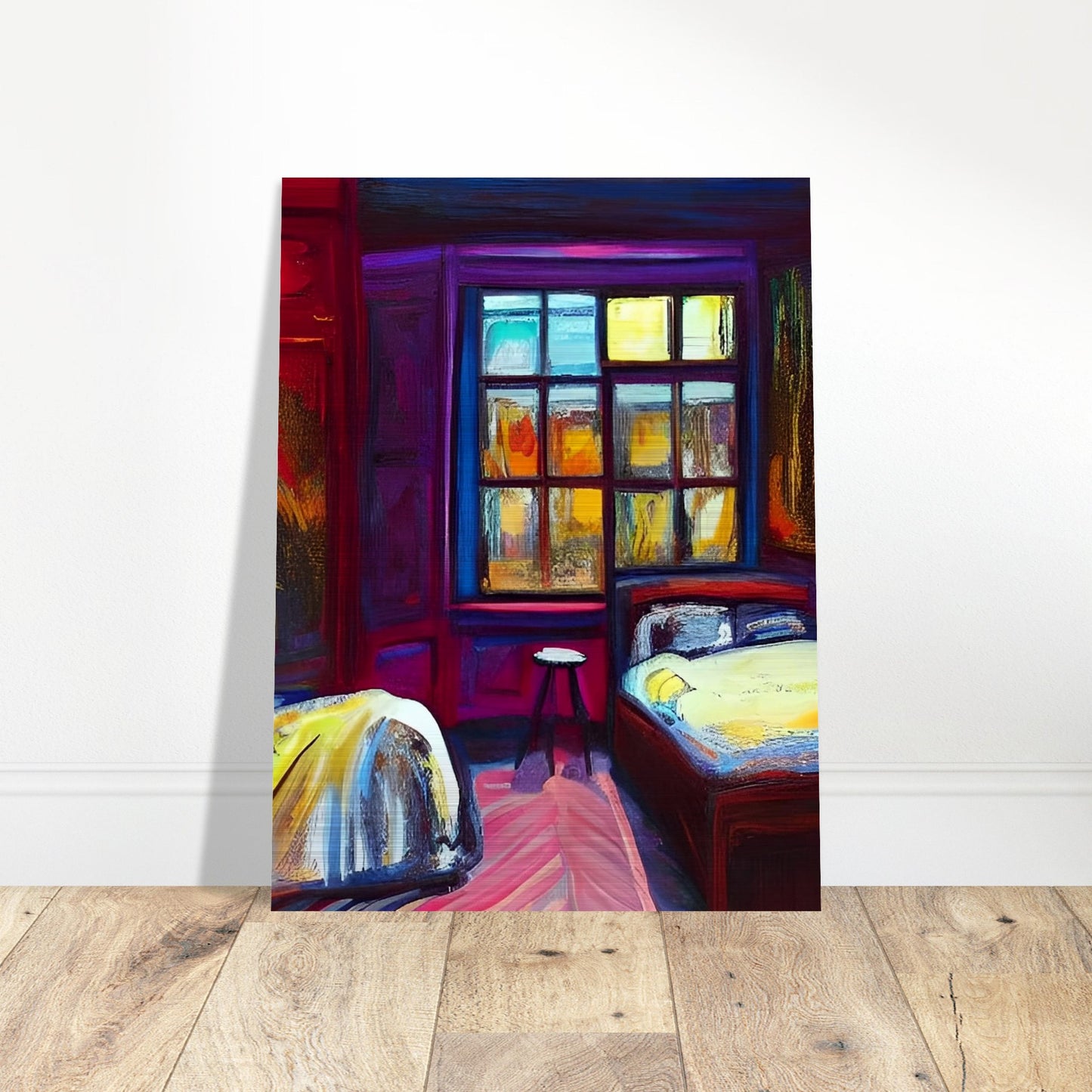 A vibrant painting of a bedroom illuminated by the warm glow of the evening light coming through a large window, casting colorful reflections on the walls and furniture
