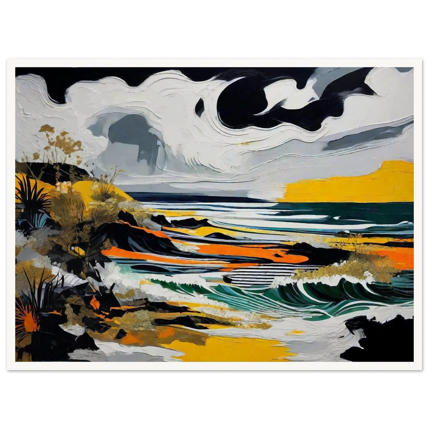 A striking seascape painting with swirling clouds, crashing waves, and bold colors of yellow, black, and green along a rugged coastline.