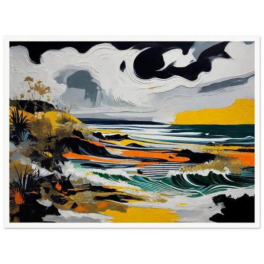 A striking seascape painting with swirling clouds, crashing waves, and bold colors of yellow, black, and green along a rugged coastline.