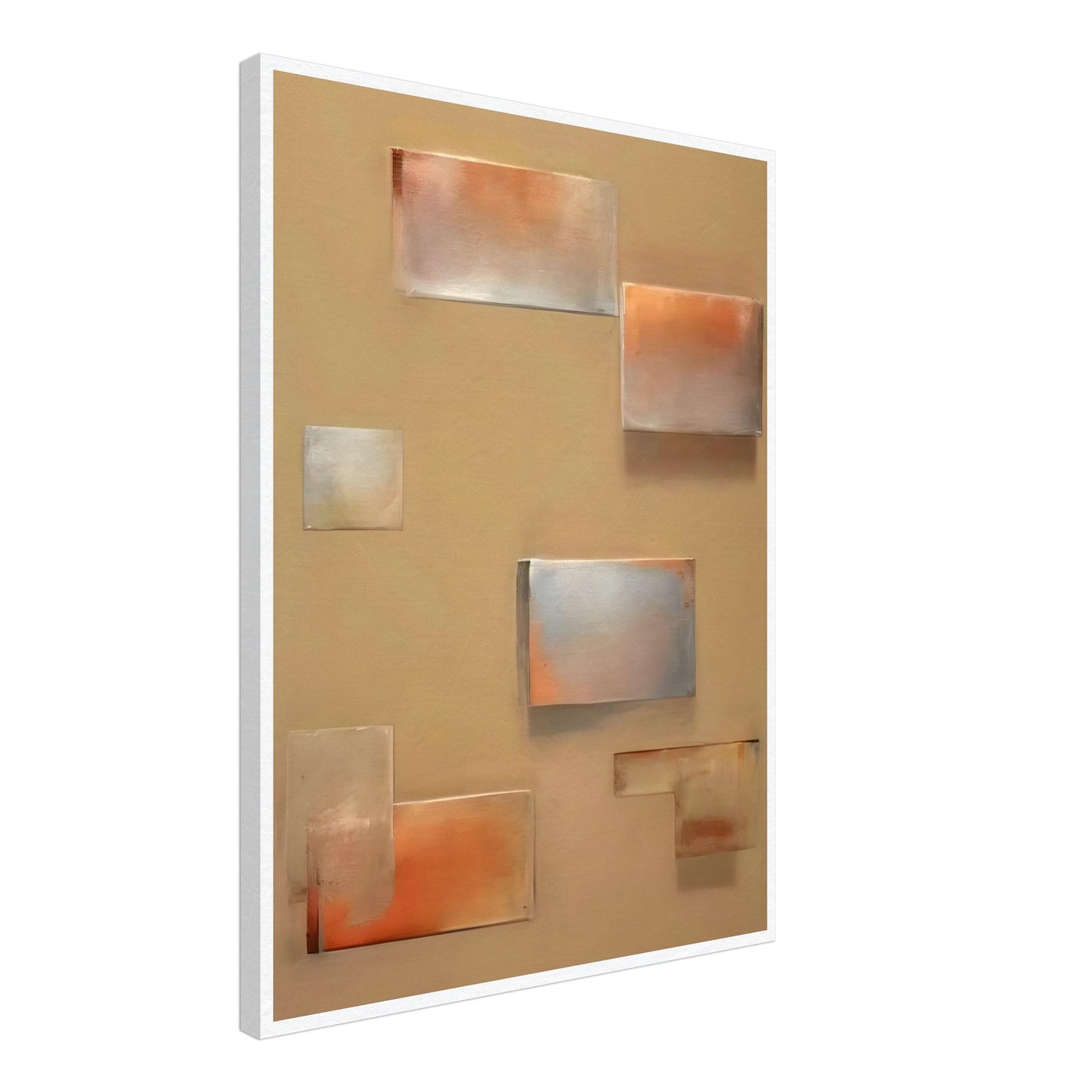 An abstract composition featuring softly blurred rectangular shapes in muted shades of orange, gray, and beige, creating a serene and minimalist geometric design.