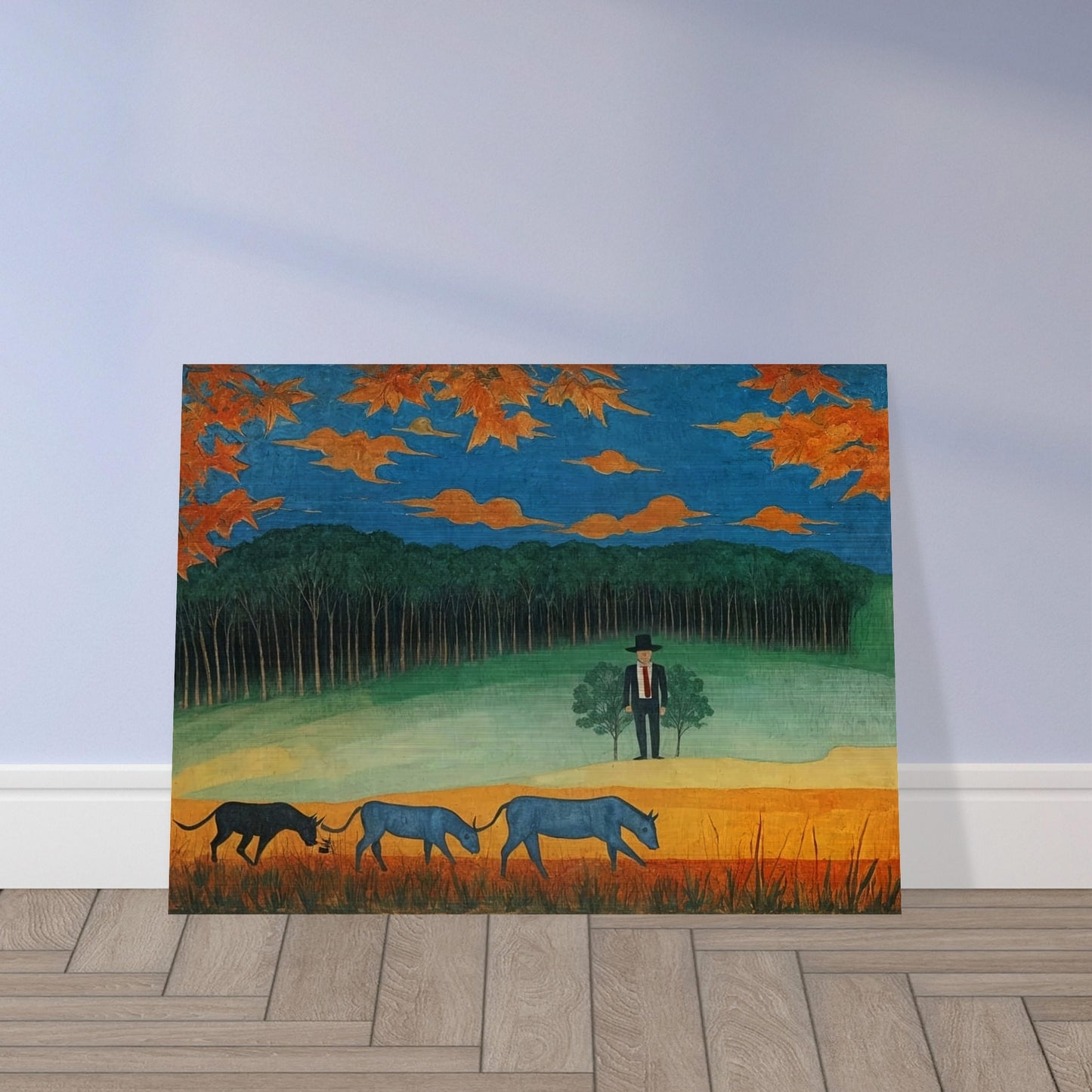 A serene countryside with blue cattle grazing and a lone man in a hat observing the changing autumn foliage and orange skies.