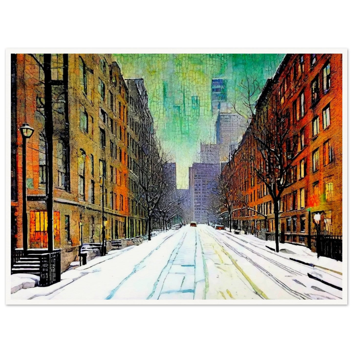 A quiet, snow-covered city street lined with tall buildings on either side, leading to a misty skyline of skyscrapers under a greenish winter sky, evoking peaceful urban solitude.