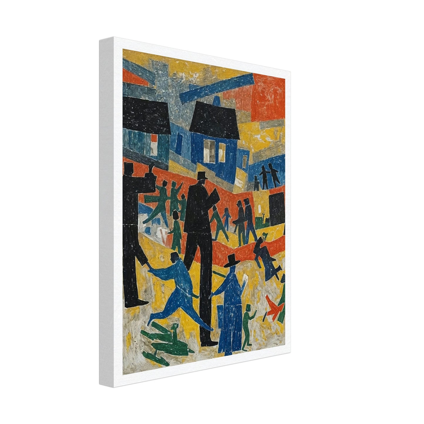 An abstract painting depicting a lively village scene with colorful houses and stylized figures in motion.