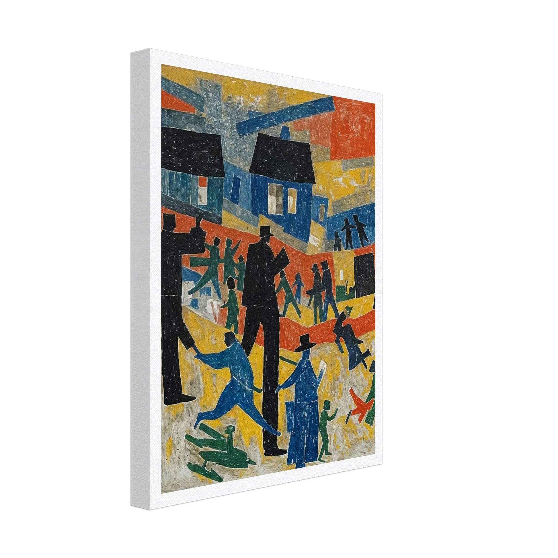 An abstract painting depicting a lively village scene with colorful houses and stylized figures in motion.