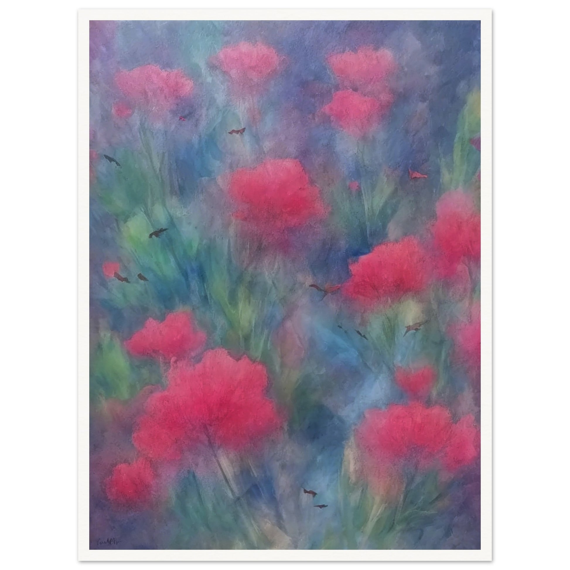A soft-focus painting of vibrant pink flowers amidst a dreamy, blue and green background with delicate, scattered birds.