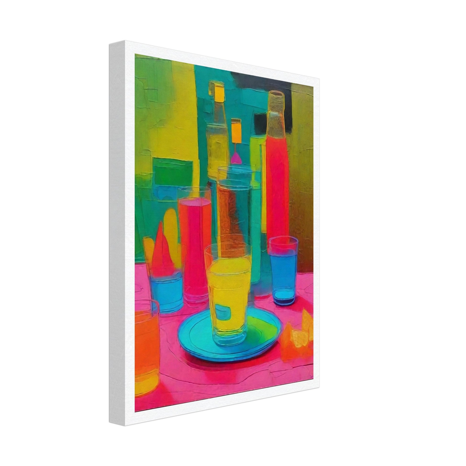 A bold and colorful still life painting with neon hues of pink, yellow, and blue, featuring bottles, glasses, and a plate on a table.