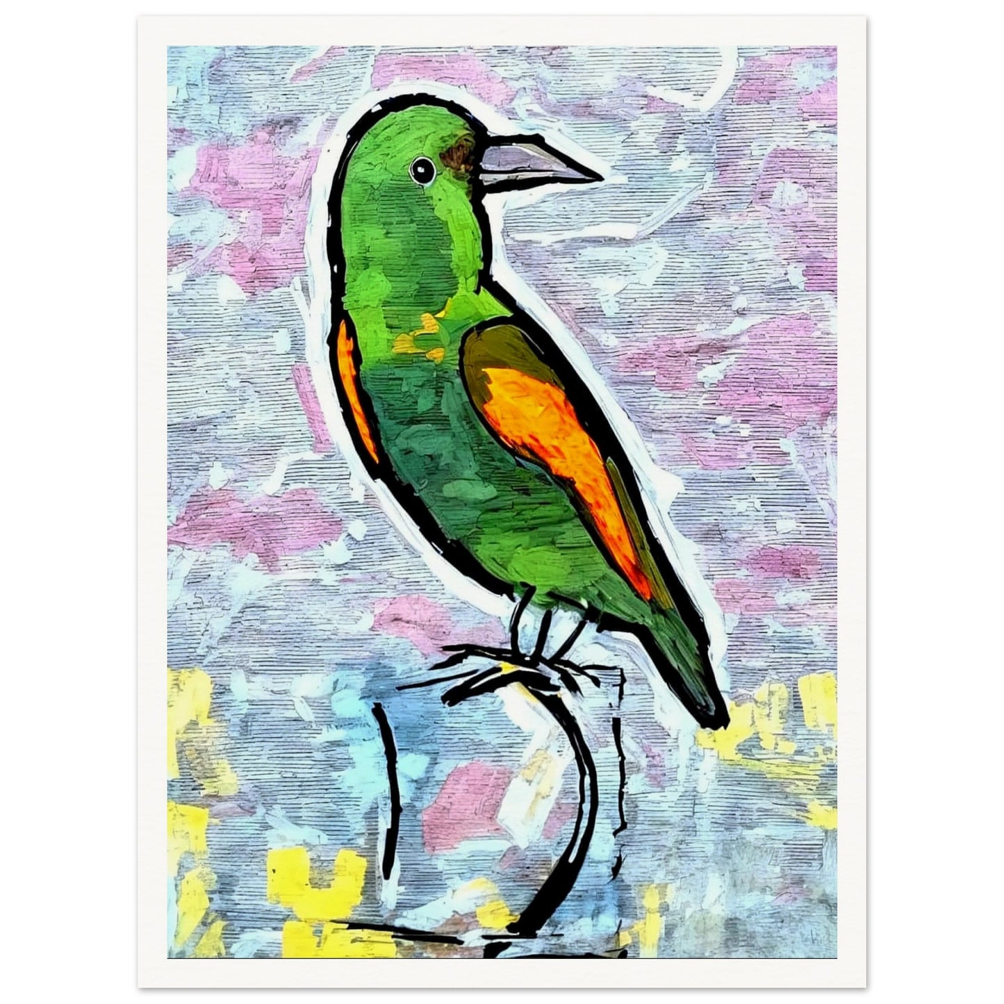 A colorful green and orange bird sits perched against a soft, textured pastel background, highlighting its vibrant feathers and watchful gaze.