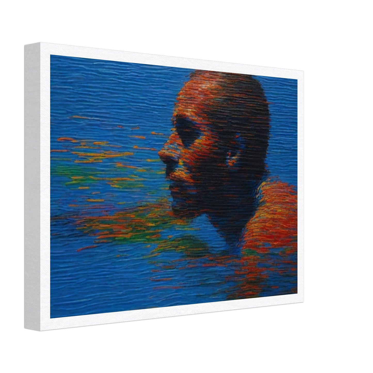 A striking painting of a person swimming in water, with vibrant reflections of colors on the surface, creating a sense of movement and depth.