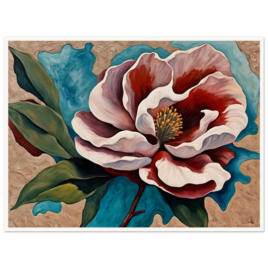 A stunning close-up painting of a red and white flower with delicate petals, set against a textured background of blue and earthy tones.