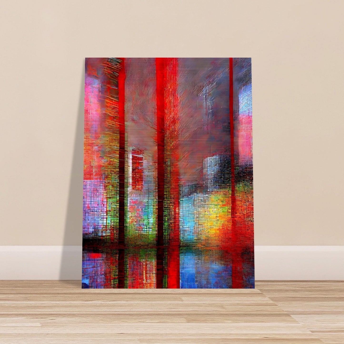 A vibrant abstract cityscape featuring tall red structures, colorful reflections, and a textured urban atmosphere in shades of red, blue, and yellow.