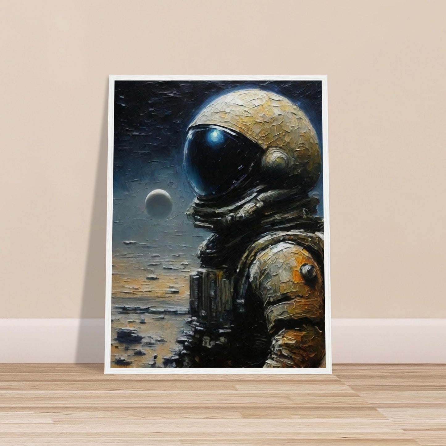 A detailed painting of an astronaut in a spacesuit standing on a lunar surface with a distant planet in the background.