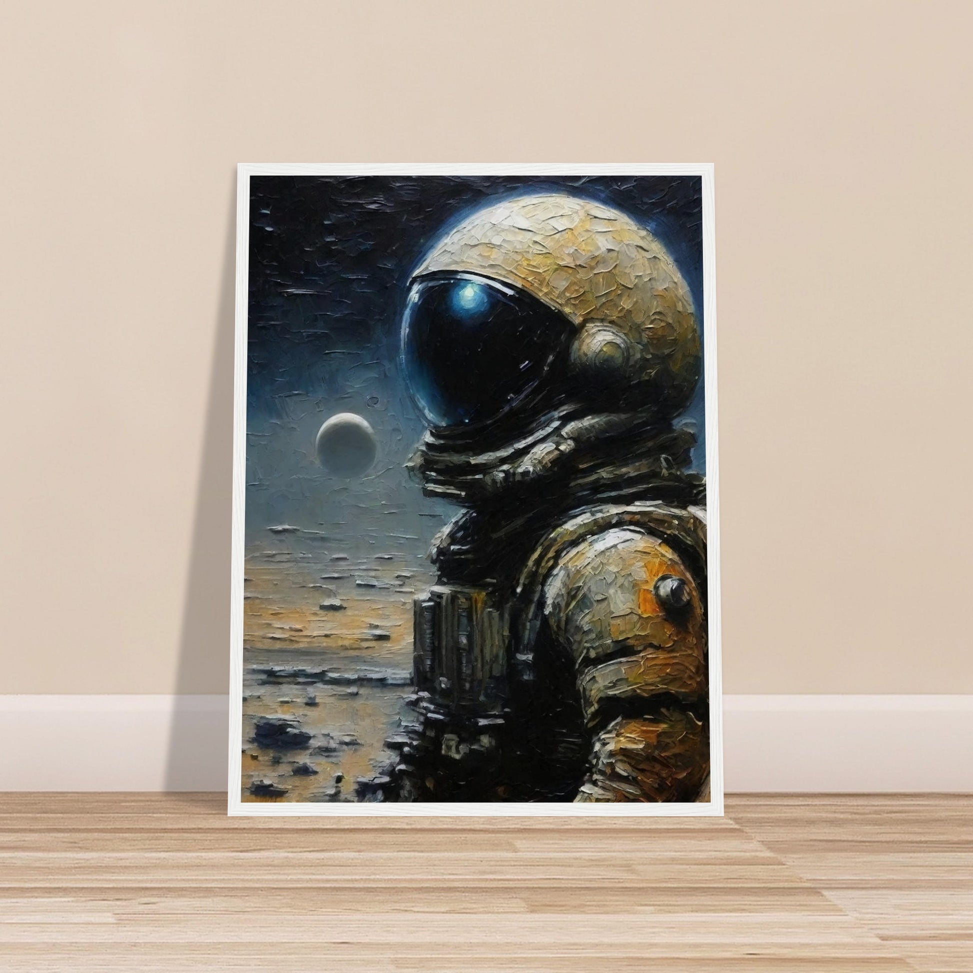 A detailed painting of an astronaut in a spacesuit standing on a lunar surface with a distant planet in the background.