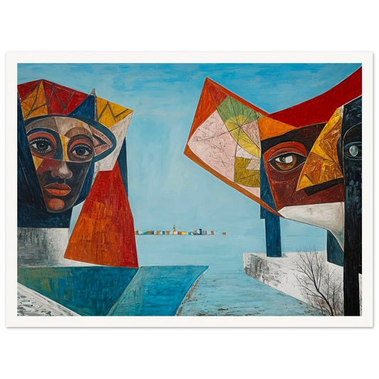 A surreal painting featuring two large, colorful, and abstract guardian faces, positioned on either side of a serene blue seascape, with a distant horizon marked by a row of vibrant structures.