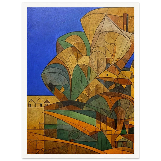 A geometric landscape featuring rolling hills and houses, depicted in shades of green, orange, and brown with intricate patterns, set against a vibrant blue sky.