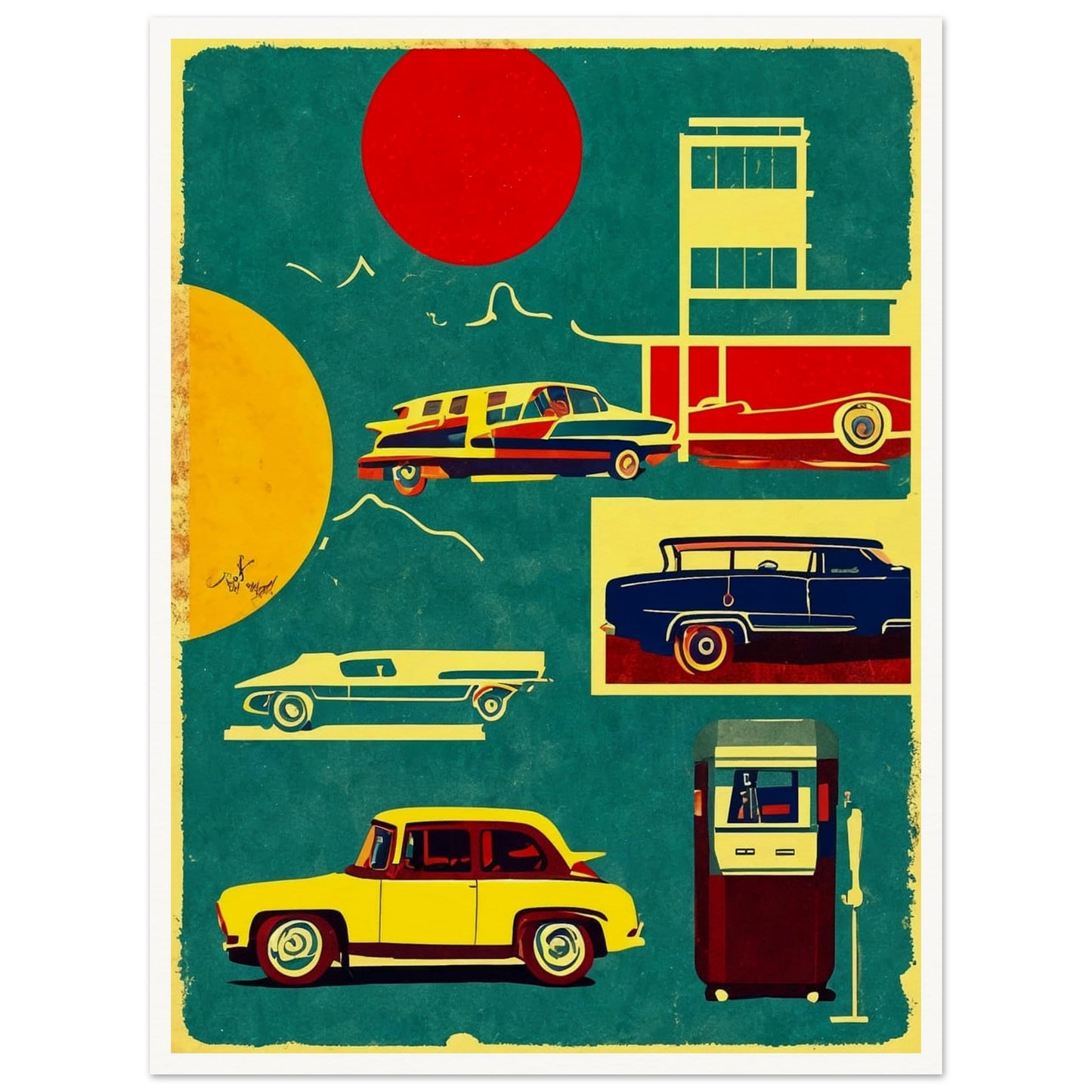 A vibrant artwork featuring classic vintage cars and a retro gas pump in bold colors, set against a backdrop of red and yellow suns.