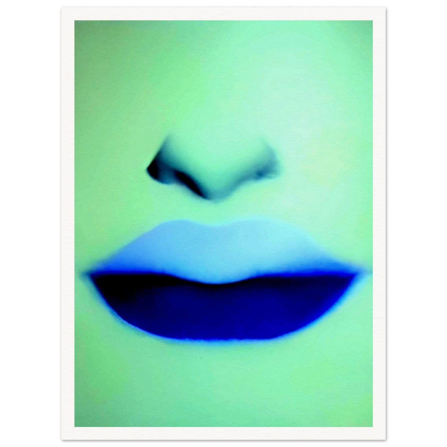 A close-up of soft lips and nose rendered in cool blue and green hues, creating a mysterious and ethereal vibe with bold contrast.