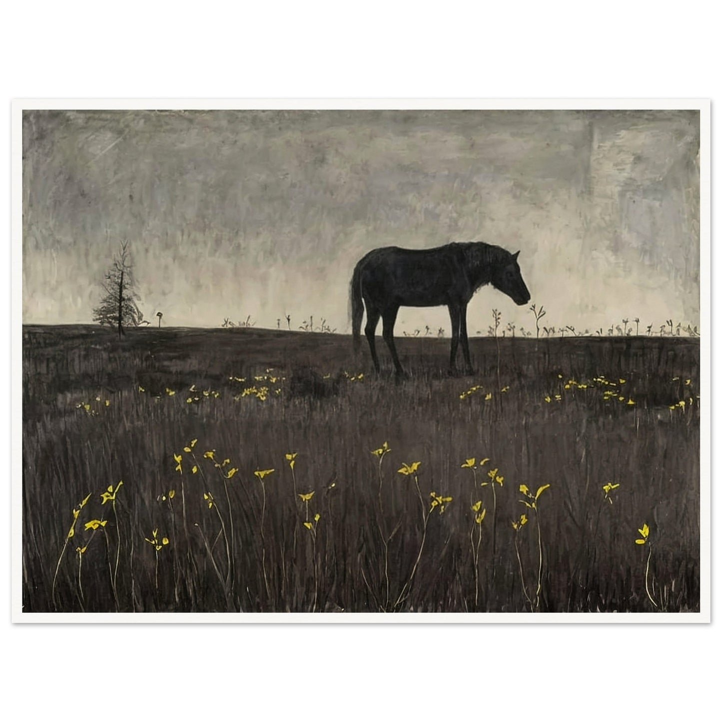 A lone horse in a quiet, almost eerie landscape, with a few scattered yellow flowers adding a touch of color to the scene.