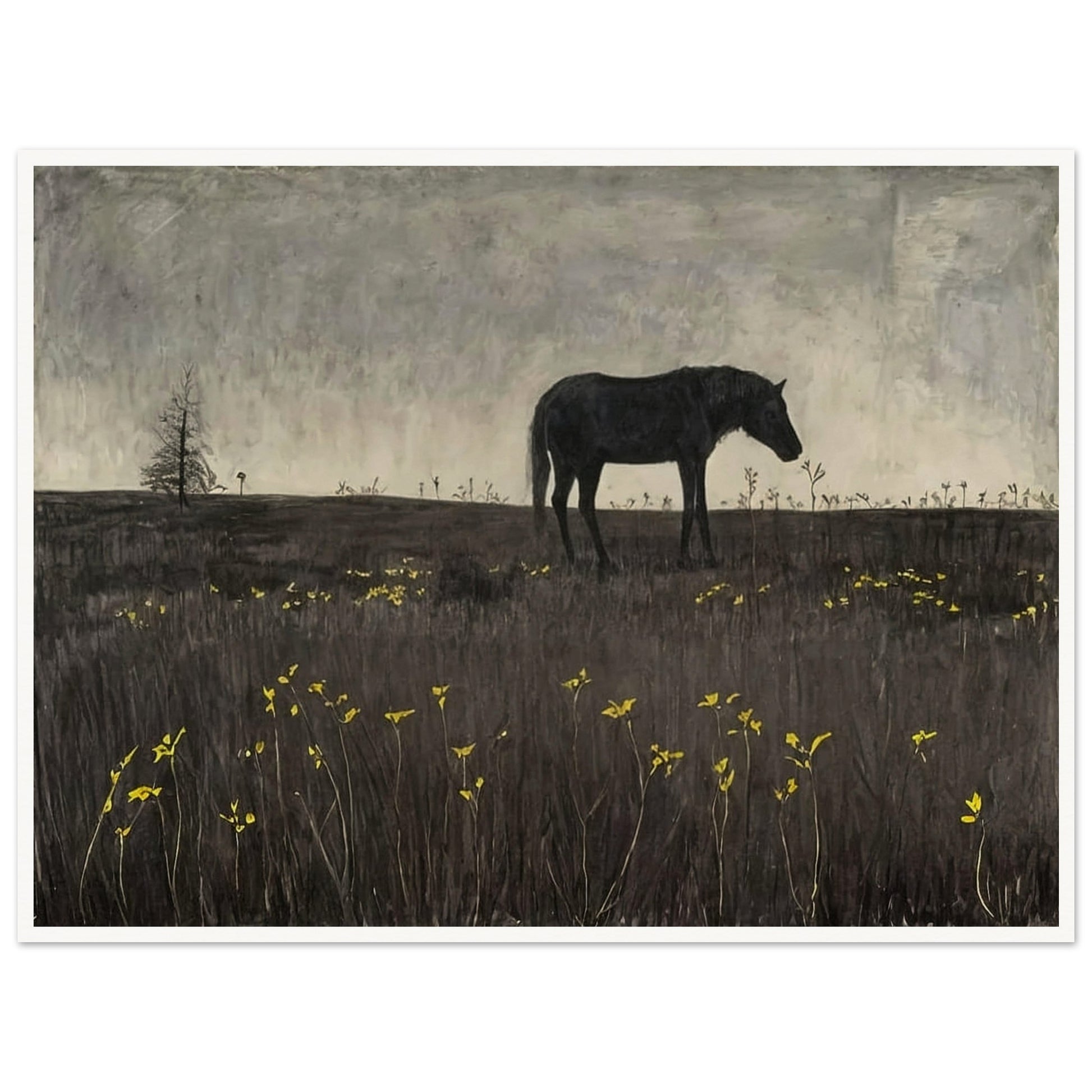 A lone horse in a quiet, almost eerie landscape, with a few scattered yellow flowers adding a touch of color to the scene.