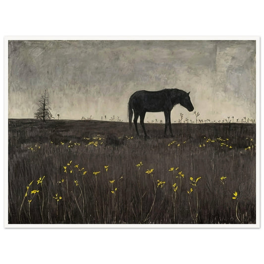 A lone horse in a quiet, almost eerie landscape, with a few scattered yellow flowers adding a touch of color to the scene.