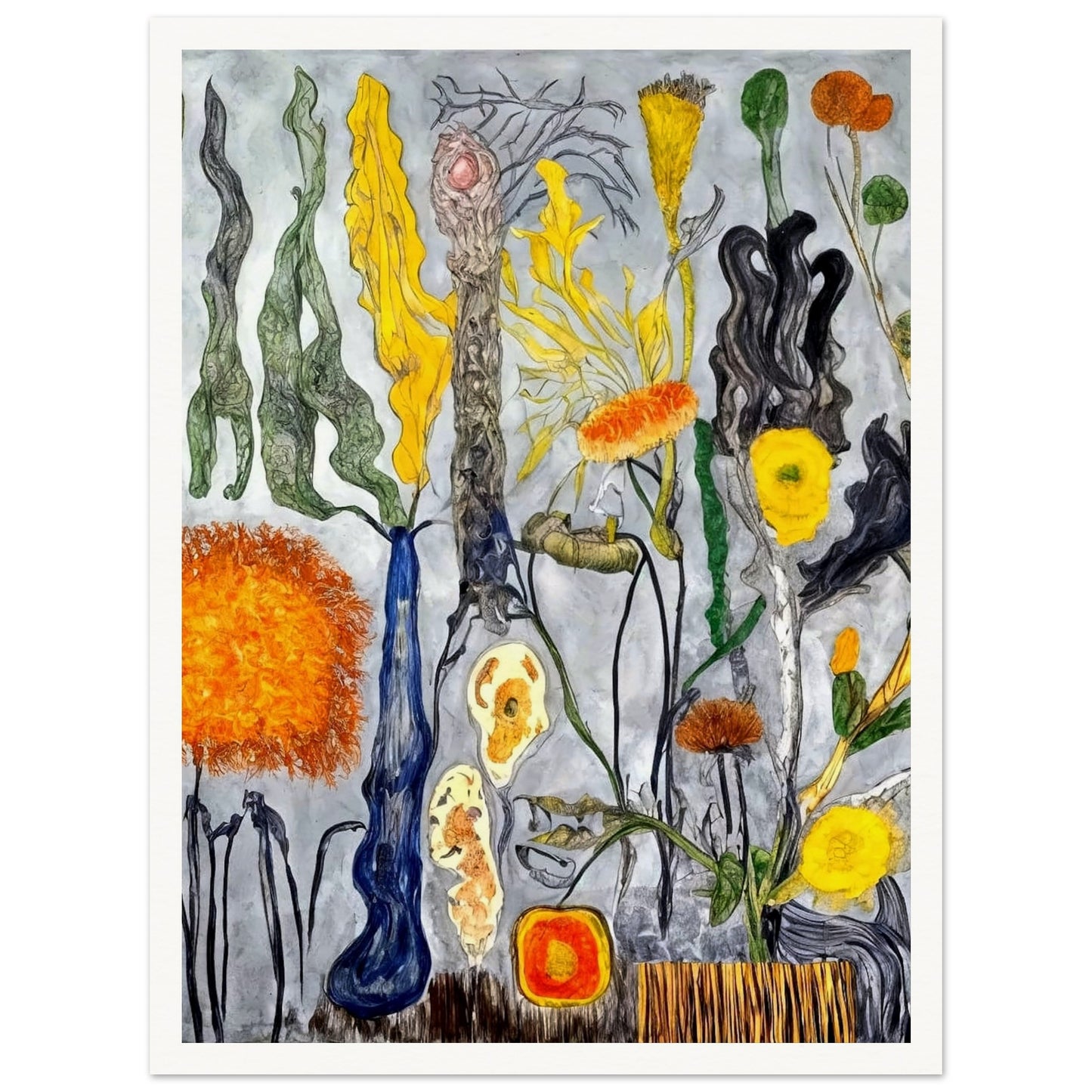 A surreal floral composition featuring abstract shapes and vibrant colors, with twisting, unusual stems and yellow, orange, and green flowers.