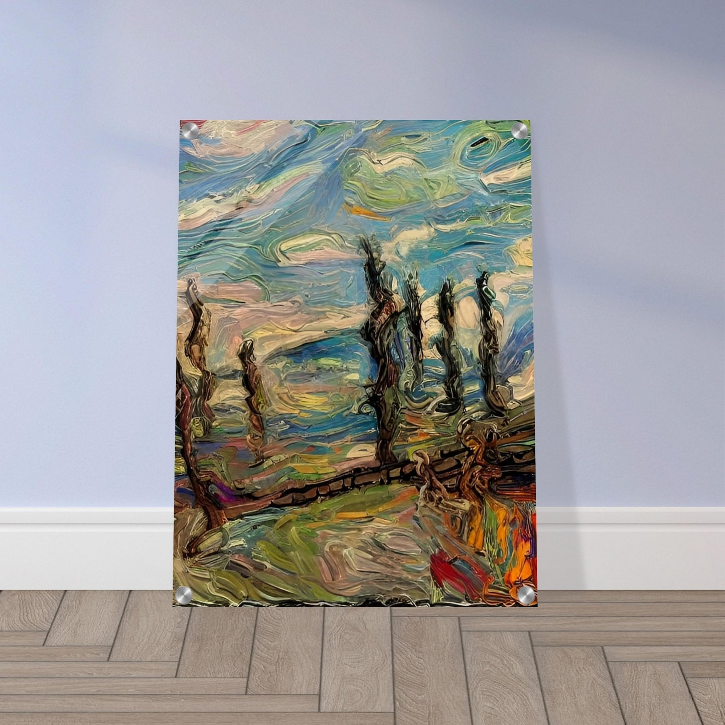 "An expressive and textured painting with swirling skies and windswept trees, full of dynamic brushstrokes in vibrant blues, greens, and earth tones."