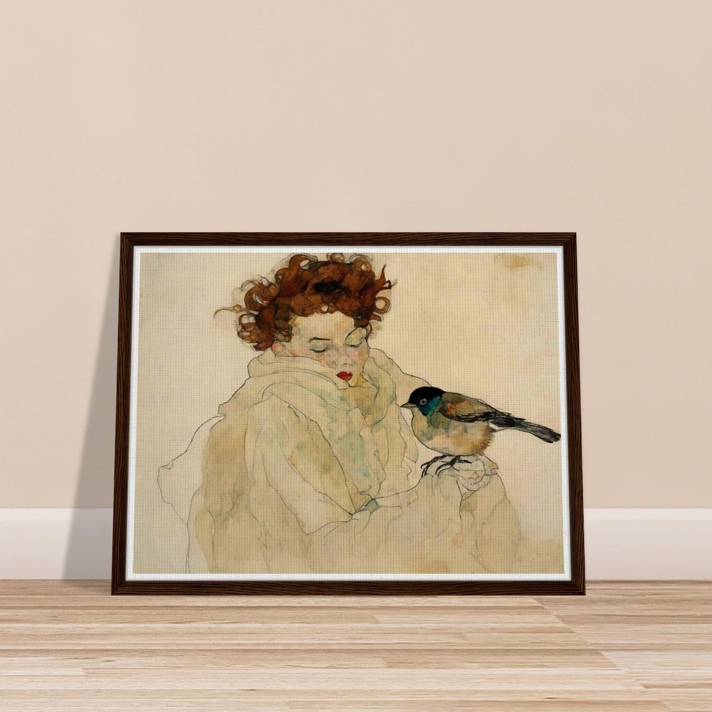 "A soft, expressive portrait of a woman with curly hair and a bird perched on her hand, both surrounded by gentle, muted tones."