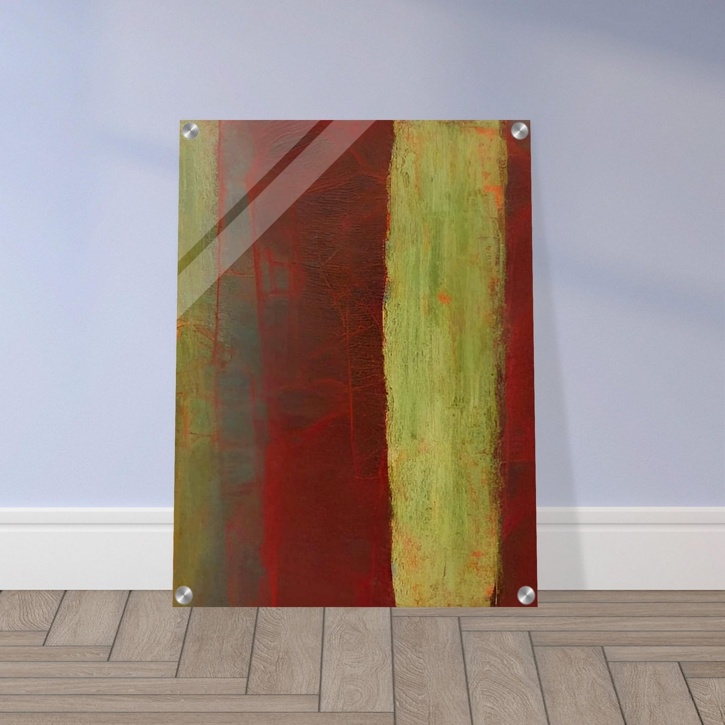 An abstract composition featuring deep red and earthy green vertical stripes with soft textures and layered shades, evoking a sense of natural decay and organic forms.