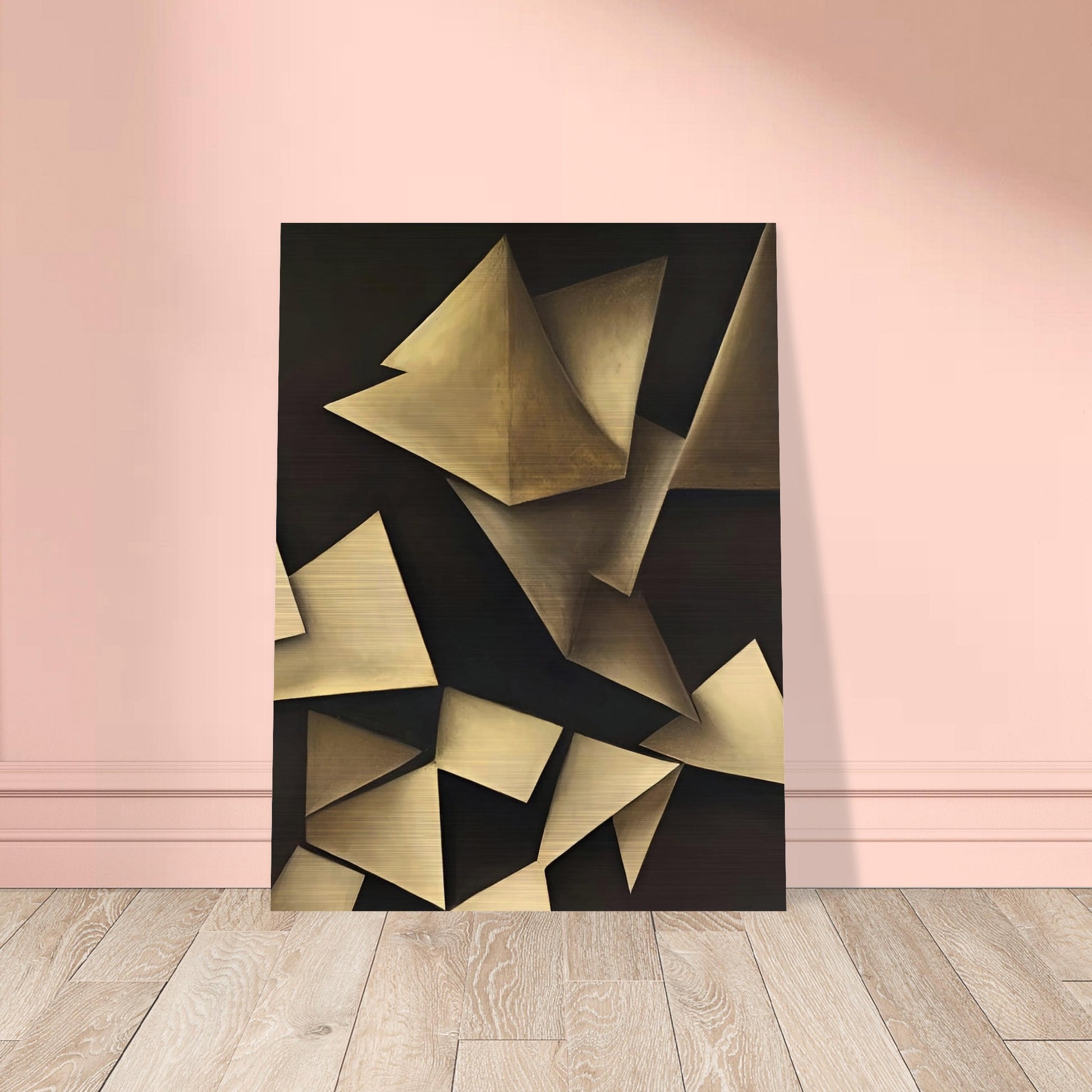 Abstract painting featuring geometric shapes in muted tones, creating a play of light and shadow.