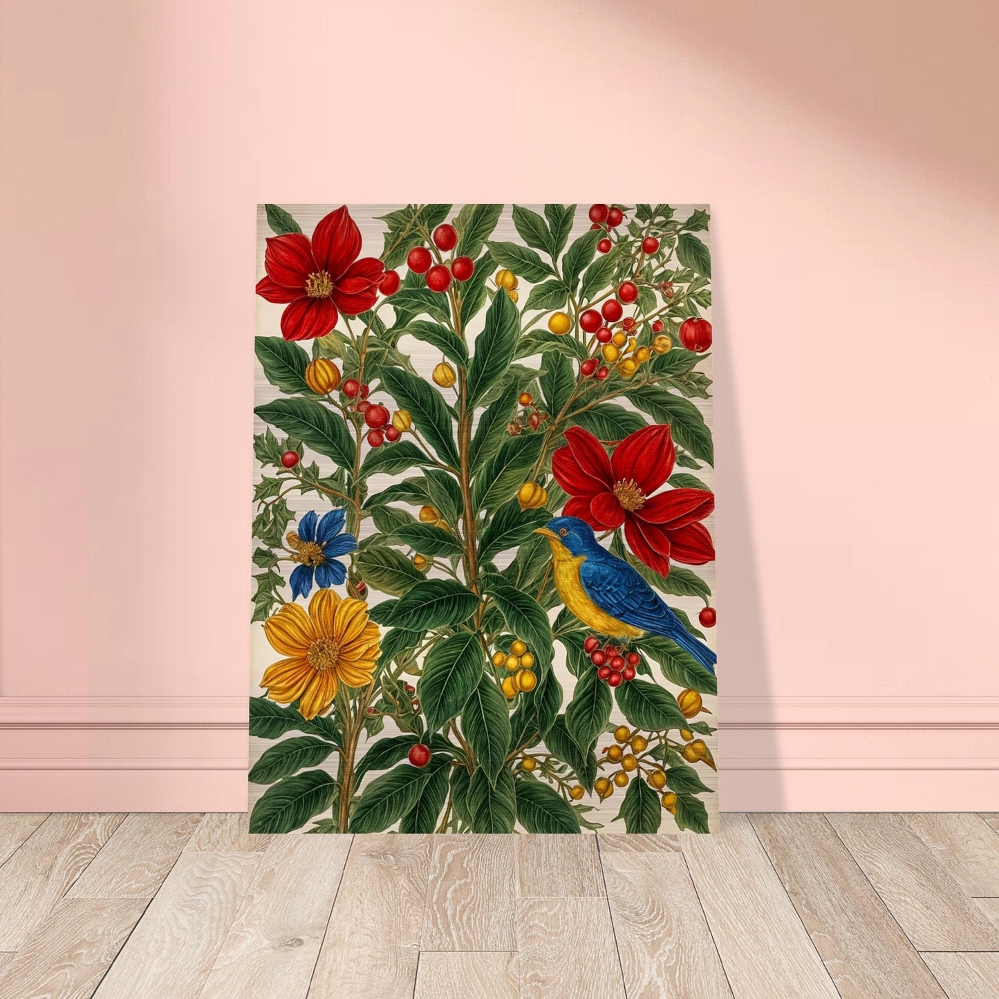 A vibrant scene with red, yellow, and blue flowers intertwined with rich green leaves and berries, featuring a blue and yellow bird perched on a branch.