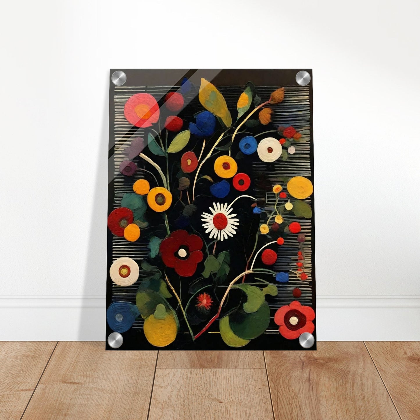 A lively painting featuring an array of colorful circular flowers in red, yellow, blue, and white, set against a dark striped background.