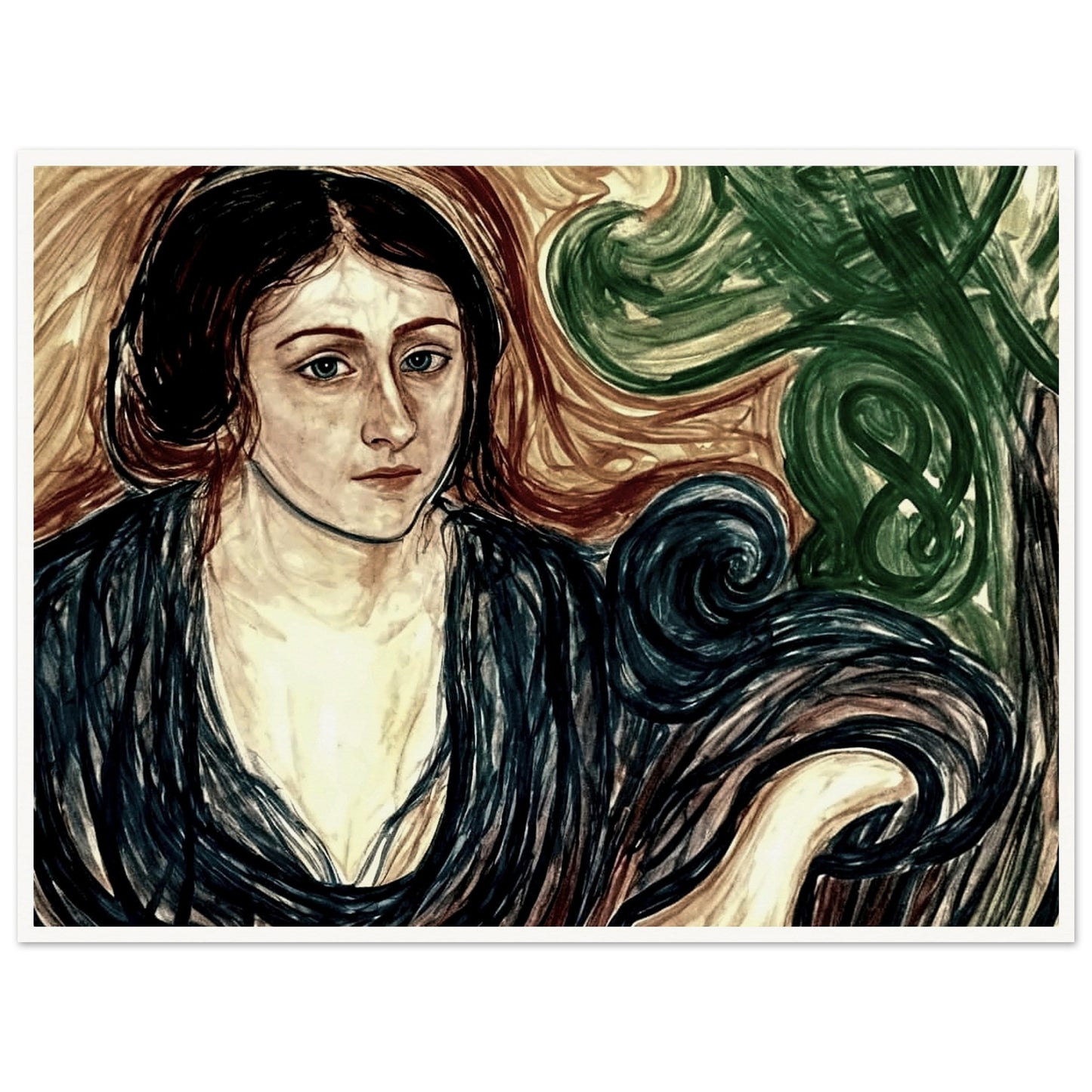A contemplative portrait of a woman with dark hair, dressed in a flowing blue robe, surrounded by swirling patterns of green and brown.