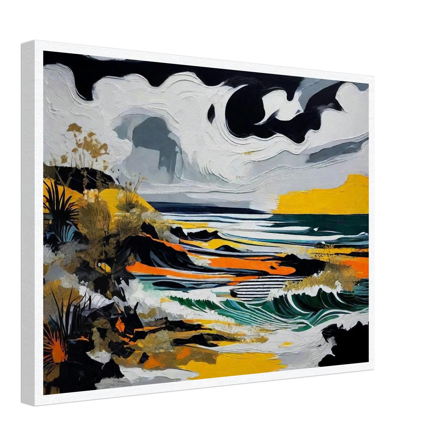 A striking seascape painting with swirling clouds, crashing waves, and bold colors of yellow, black, and green along a rugged coastline.