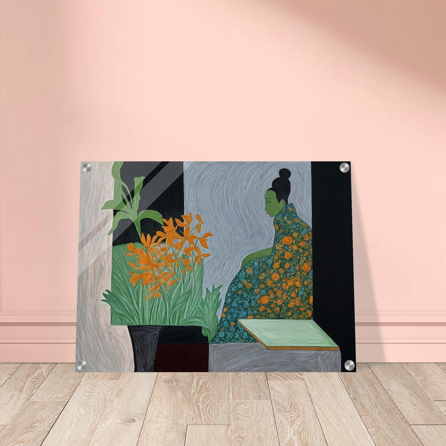 A painting of a woman with a green face in a floral dress, sitting in contemplation next to vibrant orange flowers.